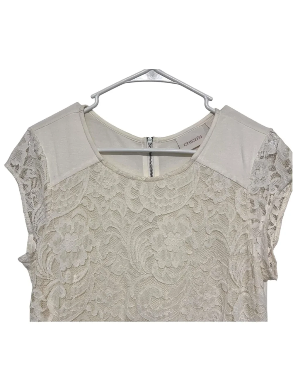 Chico's Lace Overlay Top Women’s Small 0 Cream Lined Zipper Back Cottagecore